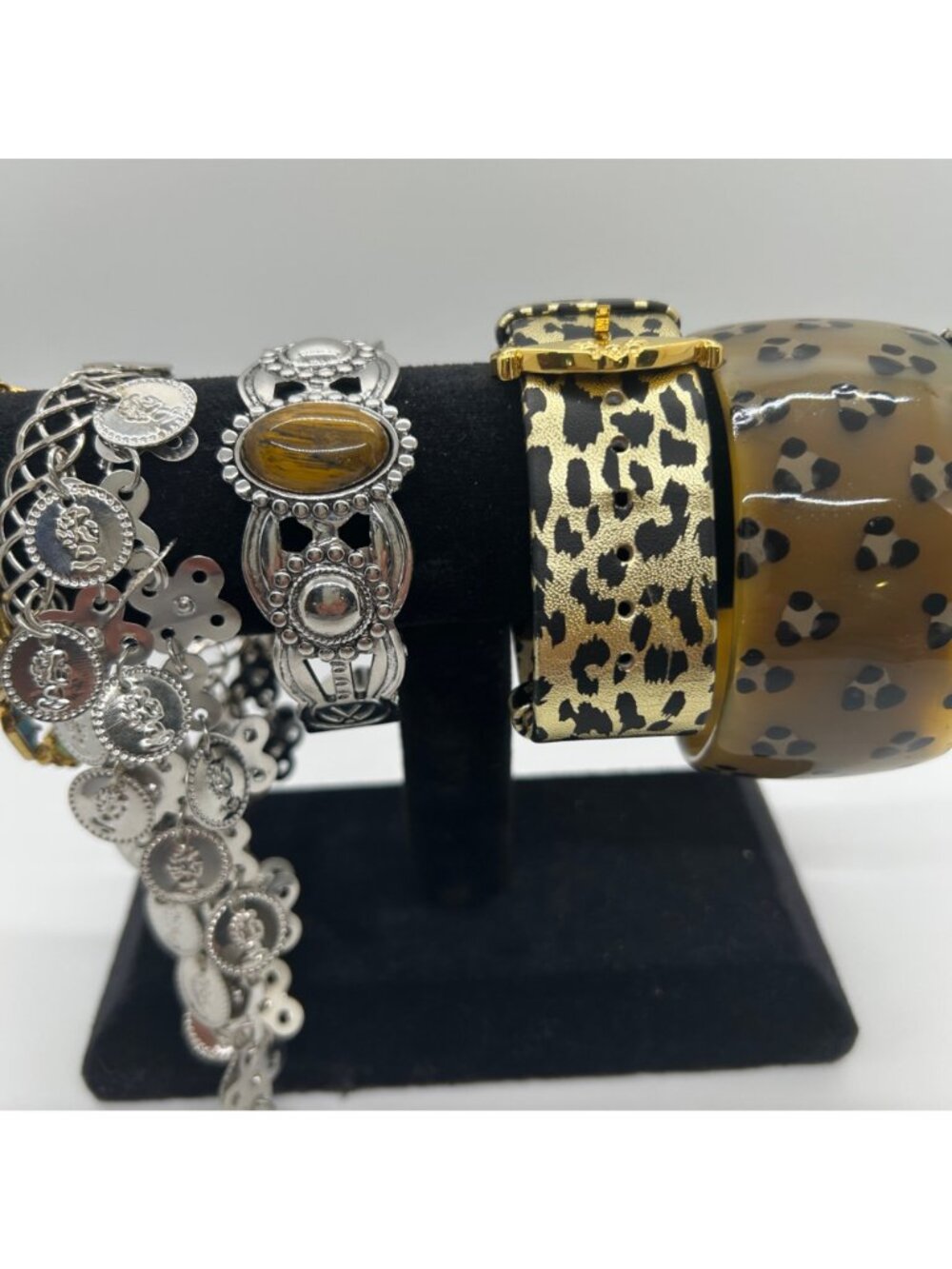 Bohemian Braceley Lot Vintage Silver tone Coin Faux Tiger Eye Leopard Bangle - Picture 5 of 16